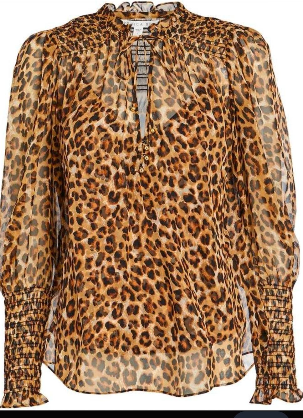 Veronica Beard Leopard Print Silk Long Sleeve Sheer Mock Neck Blouse Large